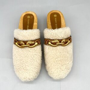 Tory Burch Jessa Shearling Clogs Womens 9.5 M Cream Gold Horsehead Wood Mules